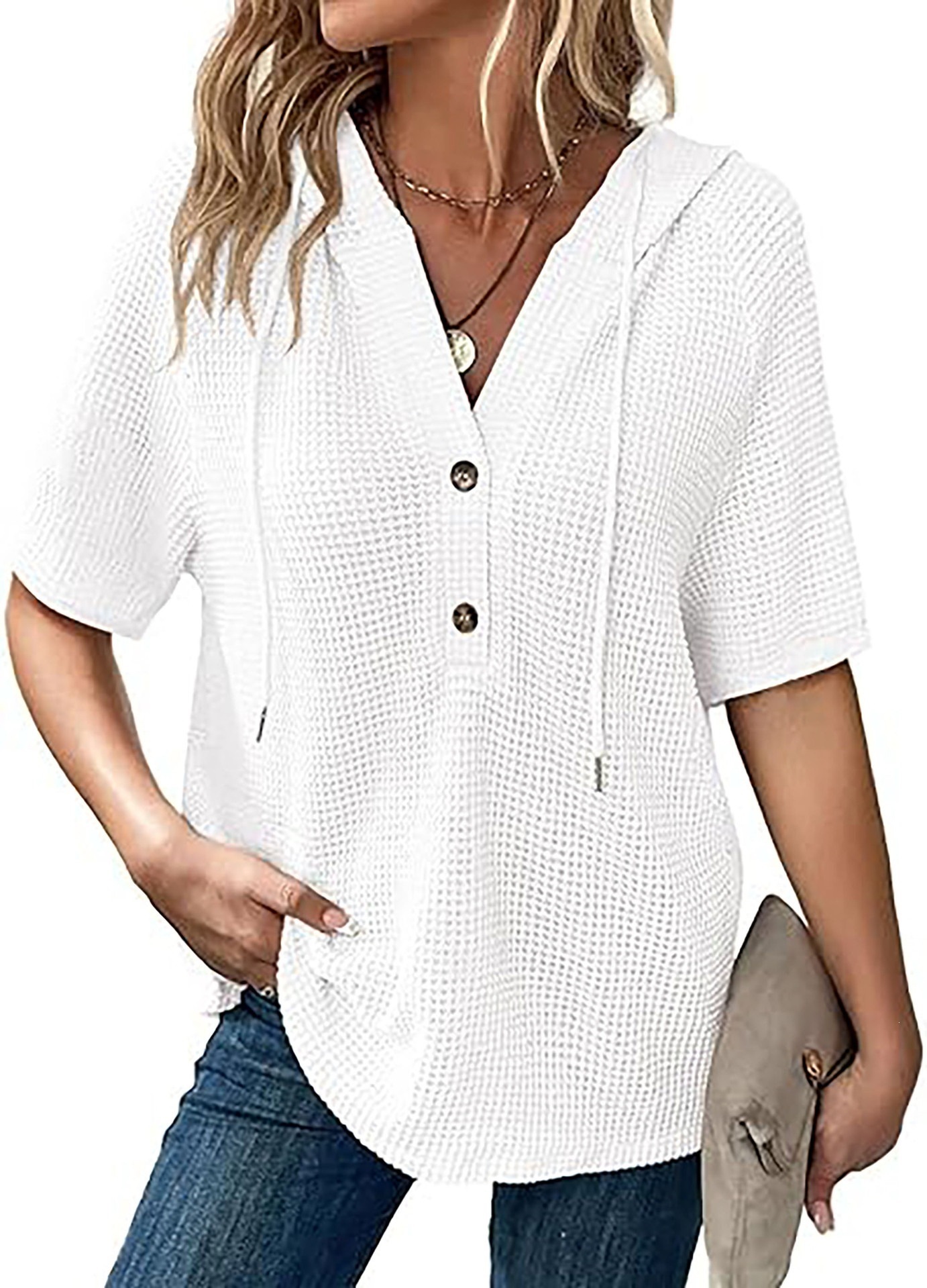 Women's Waffle Knit Short Sleeve Drawstring Hooded Button V-Neck Top