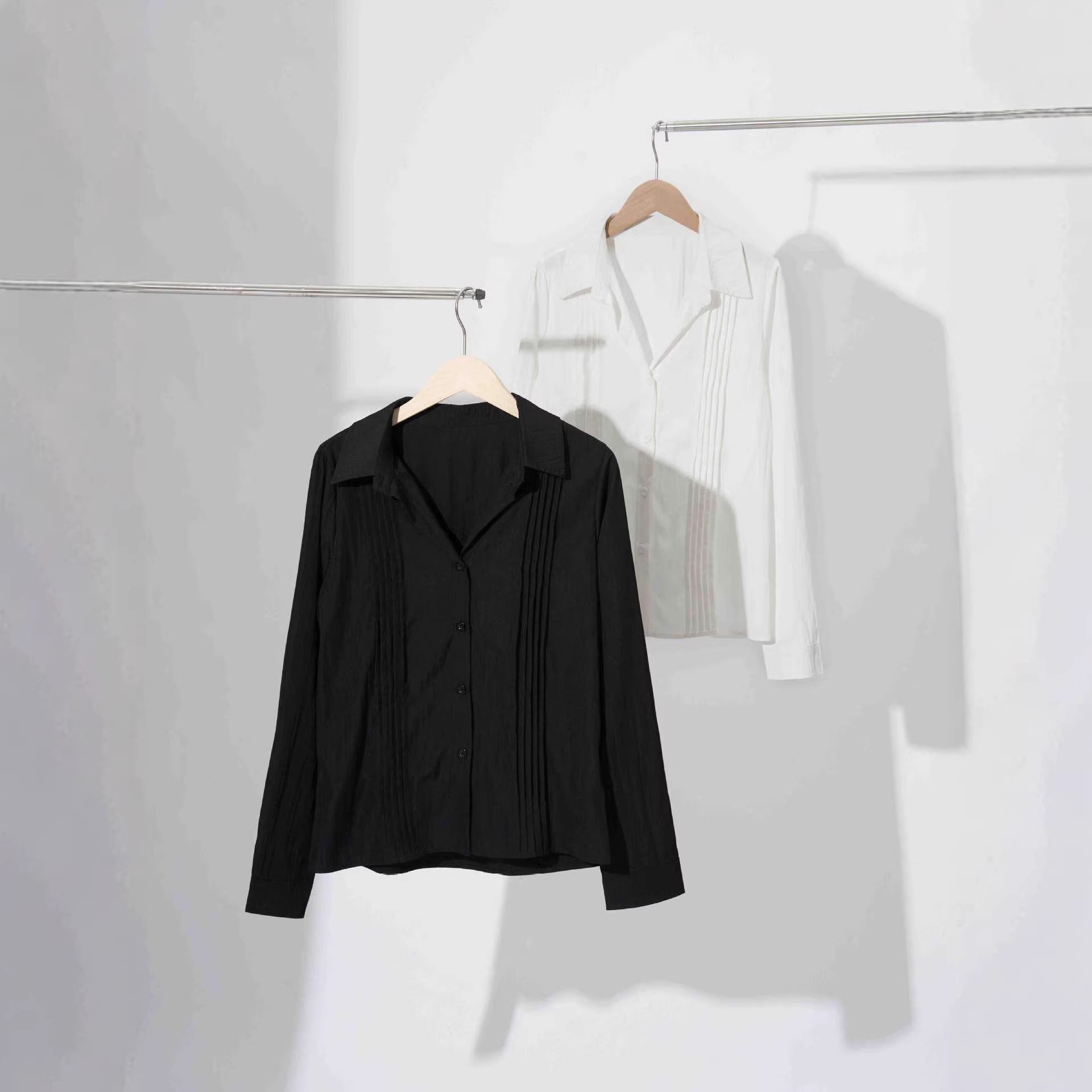 Solid Color V-Neck Long Sleeve Pleated Front Button-Up Shirt