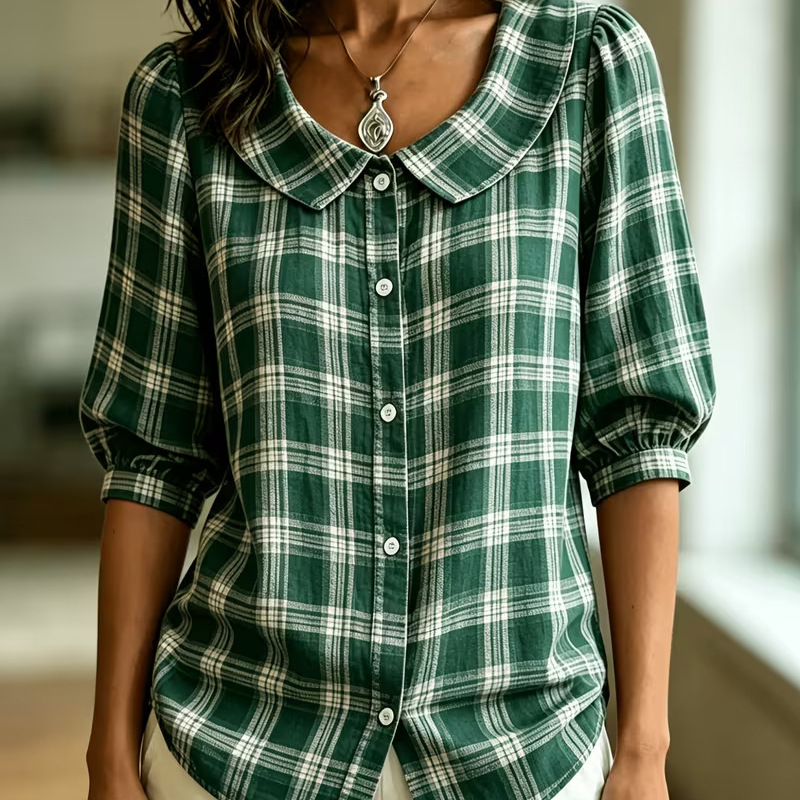 Women's Printed Half-Sleeve Button-Up Collared Blouse