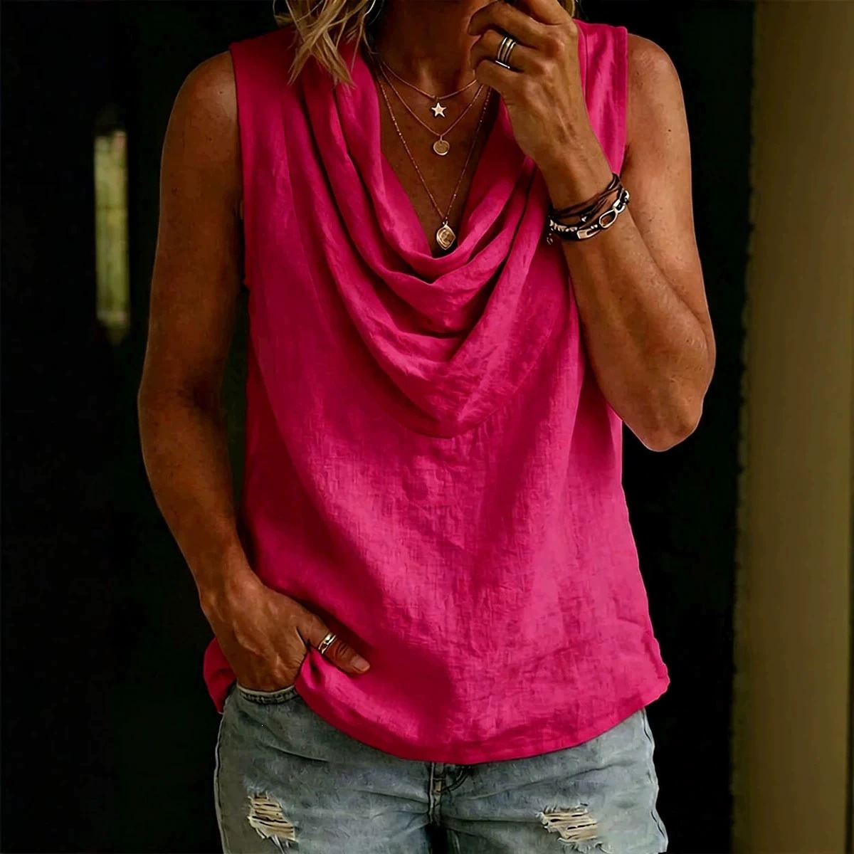Women's Summer Cowl Neck Sleeveless Top Cotton Blend Casual Shirt