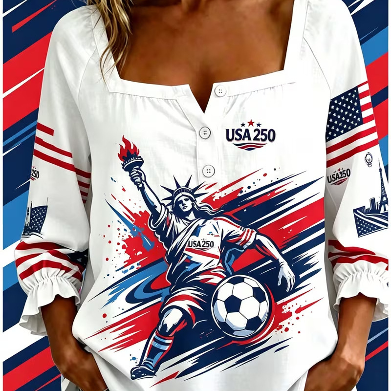 Women's Summer Football Print Long Sleeve Button-Up Shirt