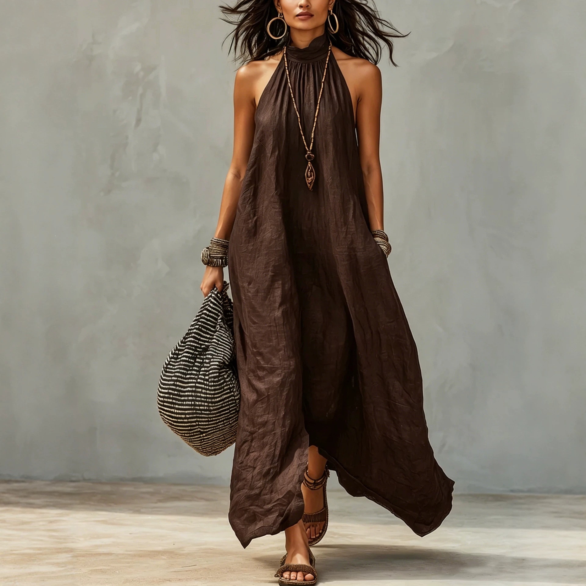 Women's Halter Neck Backless Pleated Boho Maxi Dress