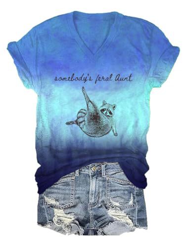 Raccoon Letter Print V-Neck Short Sleeve Women's T-Shirt