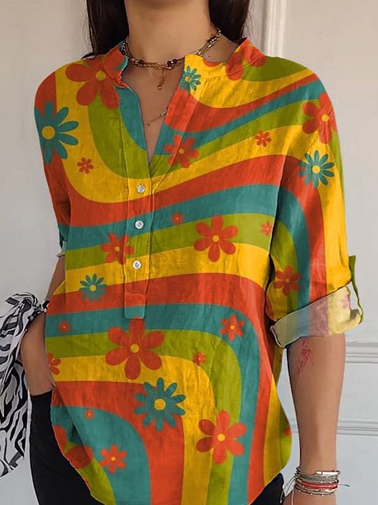 Women's Loose Casual Retro Button-Up Shirt with Graphic Print