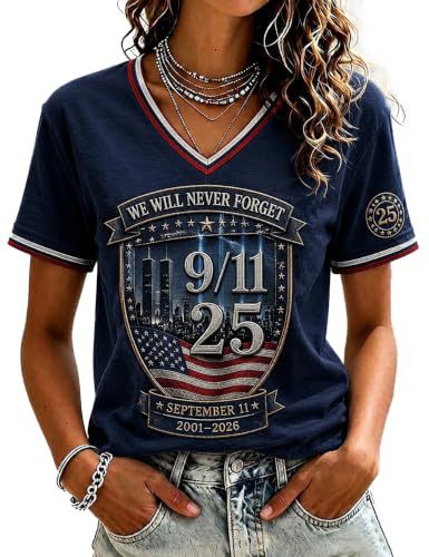 American Flag Twin Towers Print V-Neck Short Sleeve Women's T-Shirt