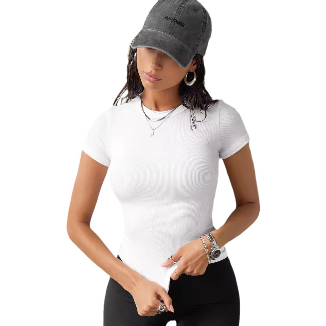 Women's Ribbed Slim Fit Short Sleeve T-Shirt Solid Color