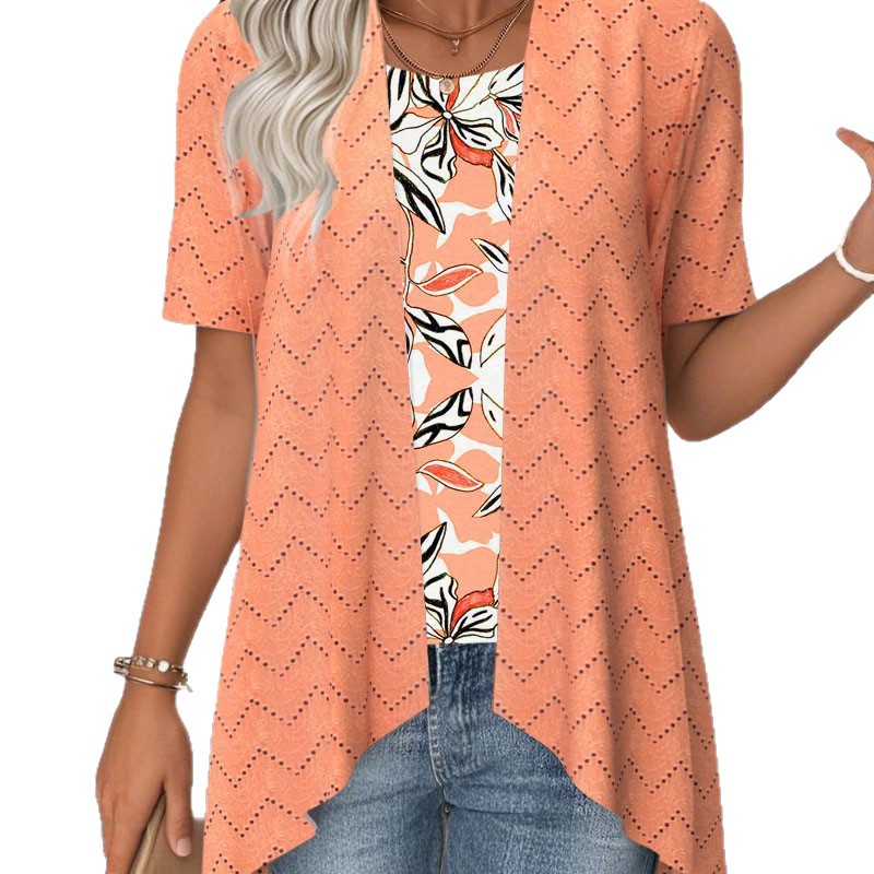 Women's Casual Loose Short Sleeve Faux Two-Piece Hollow Out Print T-Shirt