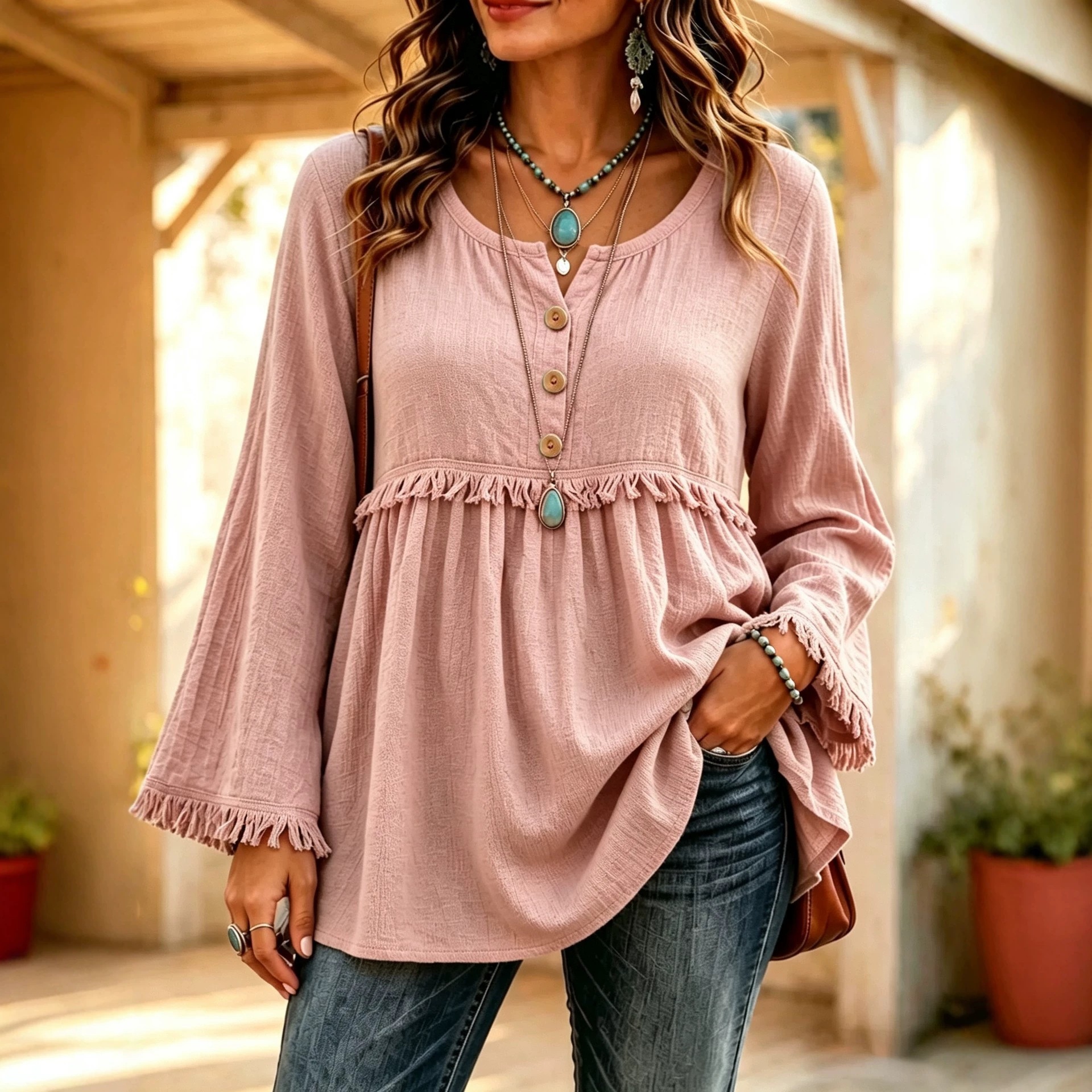Fringe Trim Bell Sleeve Henley Blouse