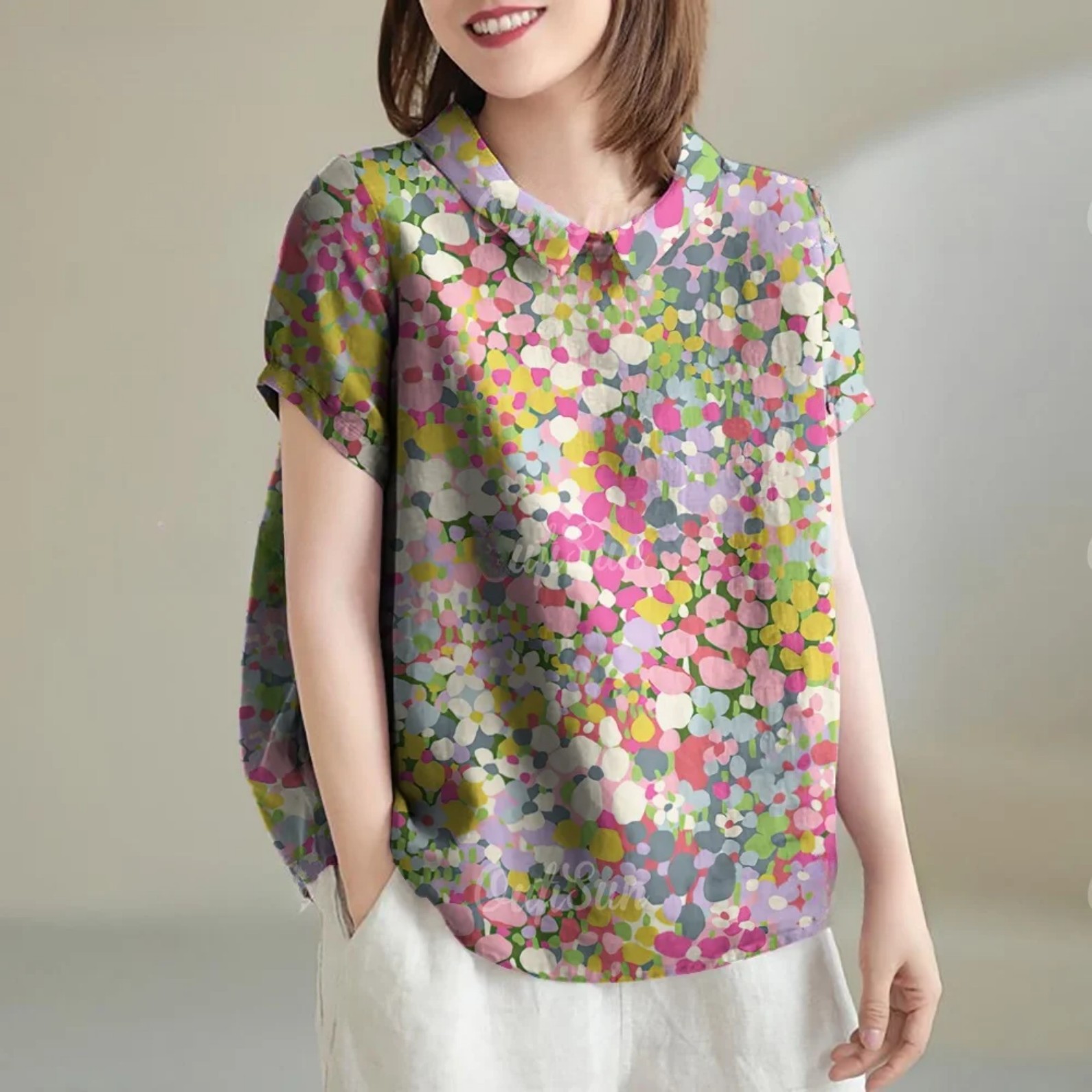 Women's Fresh Floral Print Short Sleeve Button-Up Shirt