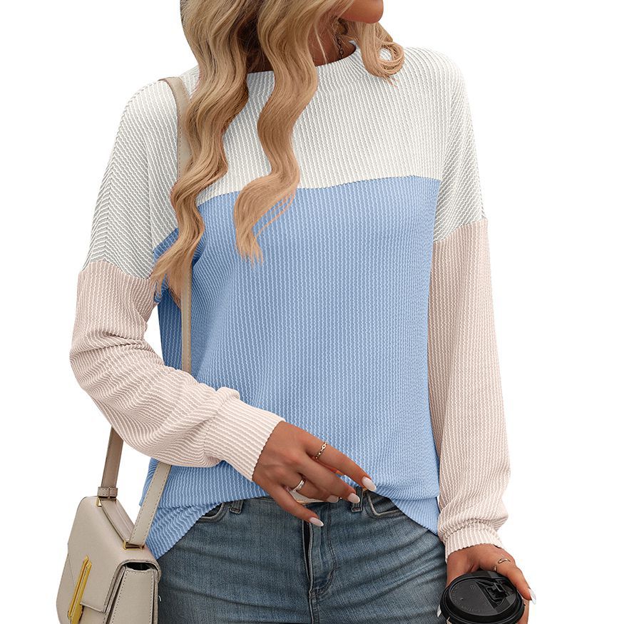 Women's Color-Block Twist-Stripe Crewneck Long-Sleeve Loose T-Shirt