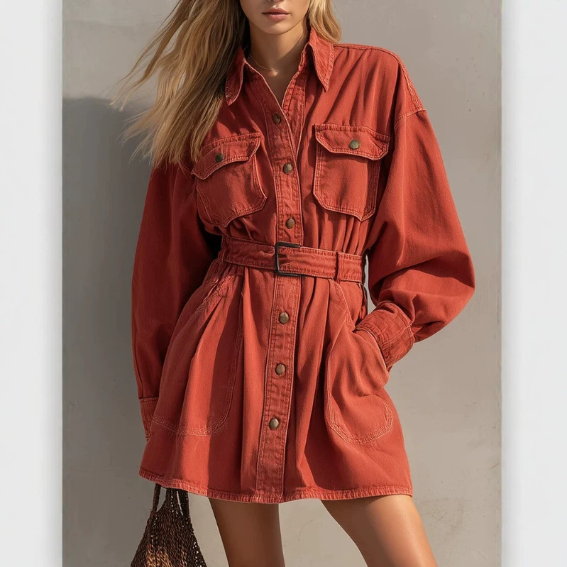 Retro American Button-Tie Denim Dress with Collar