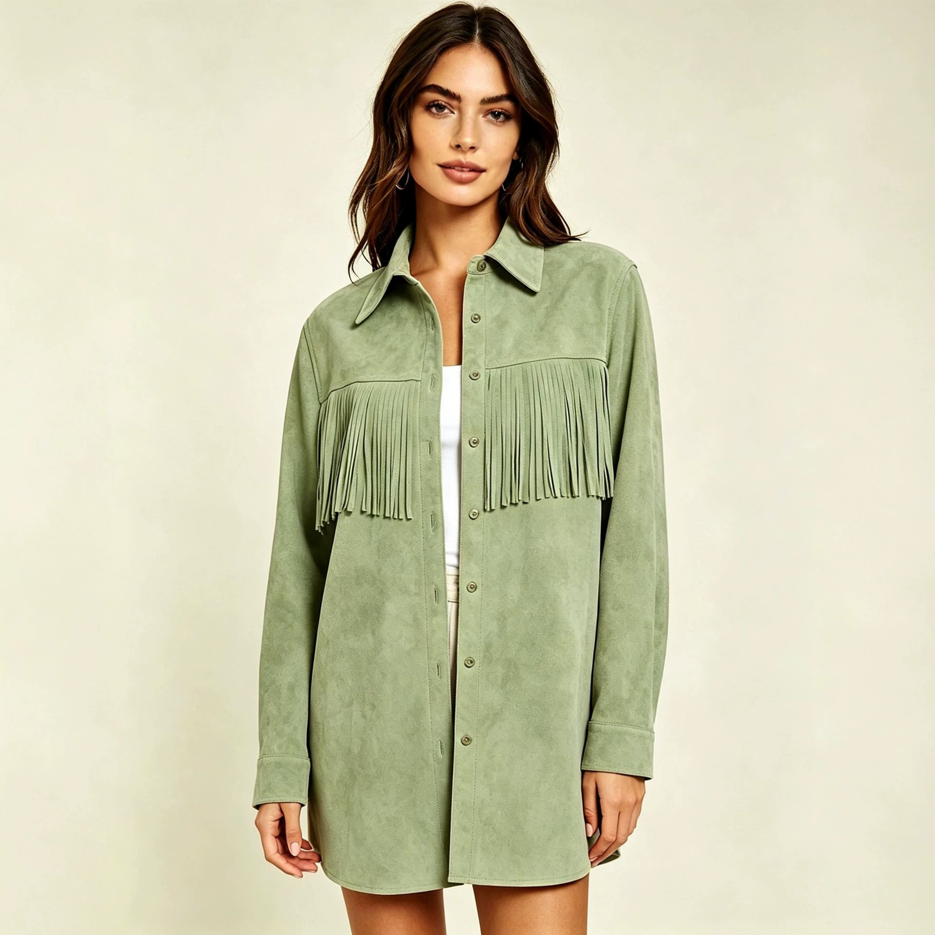 Faux Suede Fringe Shirt Women's Collared Long Sleeve Loose Mid-Length Cardigan Jacket