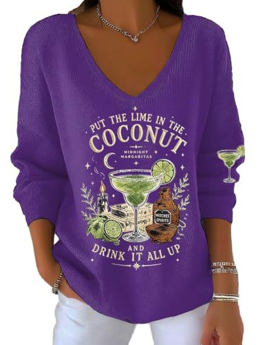 Coconut Letter Print V-Neck Long Sleeve Women's Shirt