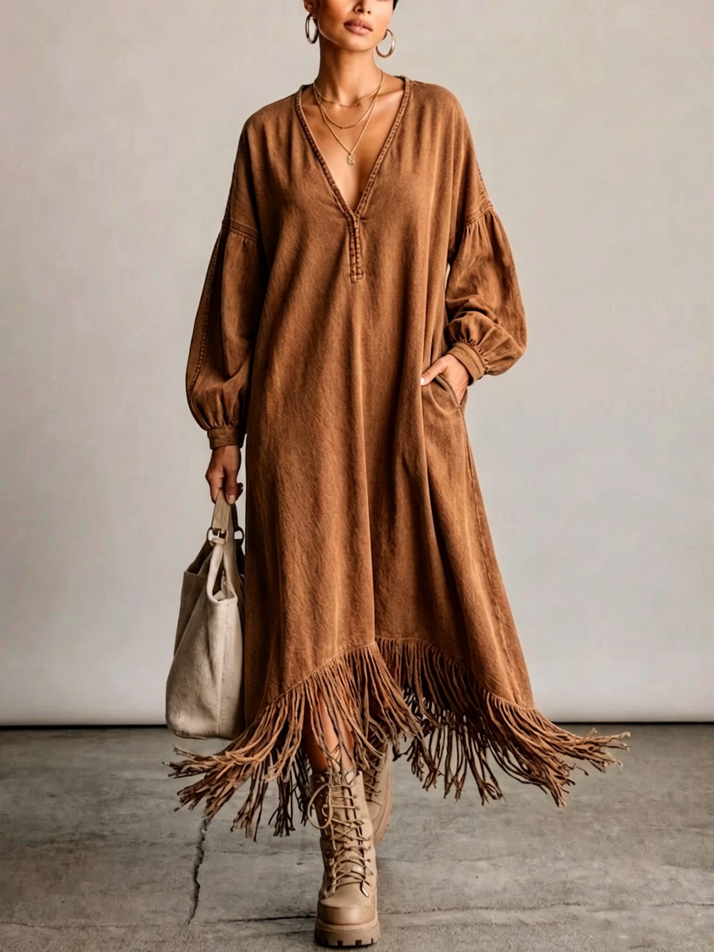 Distressed Washed V-Neck Lantern Sleeve Fringe Maxi Dress with Pockets