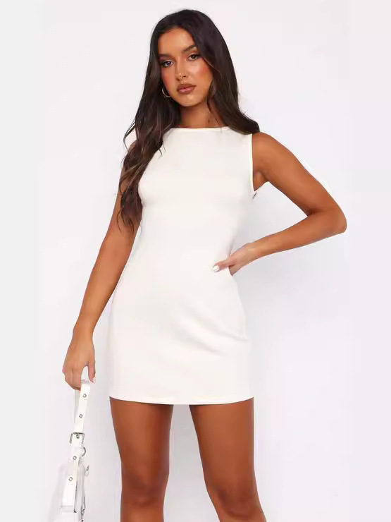 Women's Sleeveless Round Neck Bodycon Mini Dress Solid Color Slim Fit