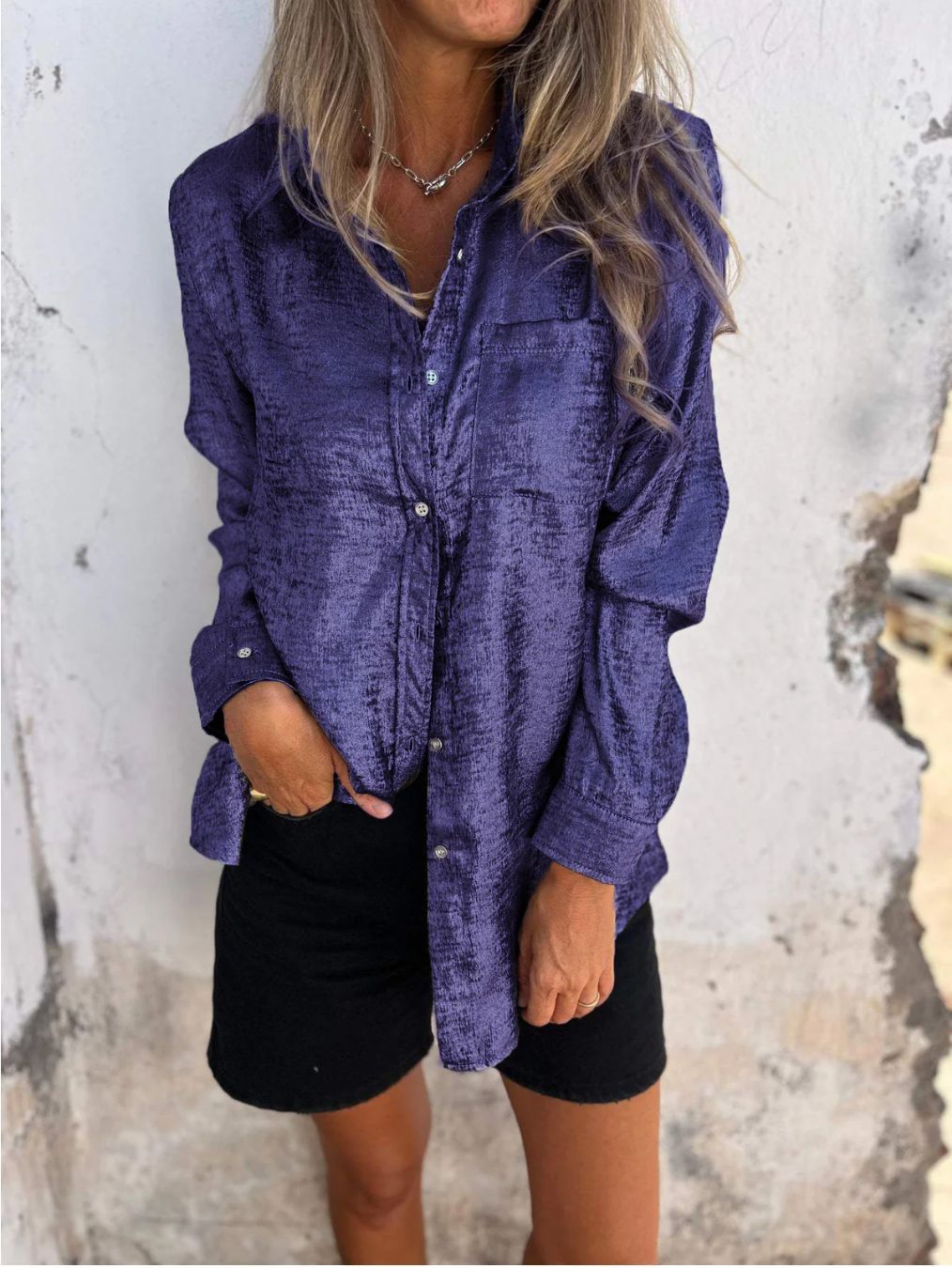 Women's Faux Two-Piece Faux Leather Collared Shirt