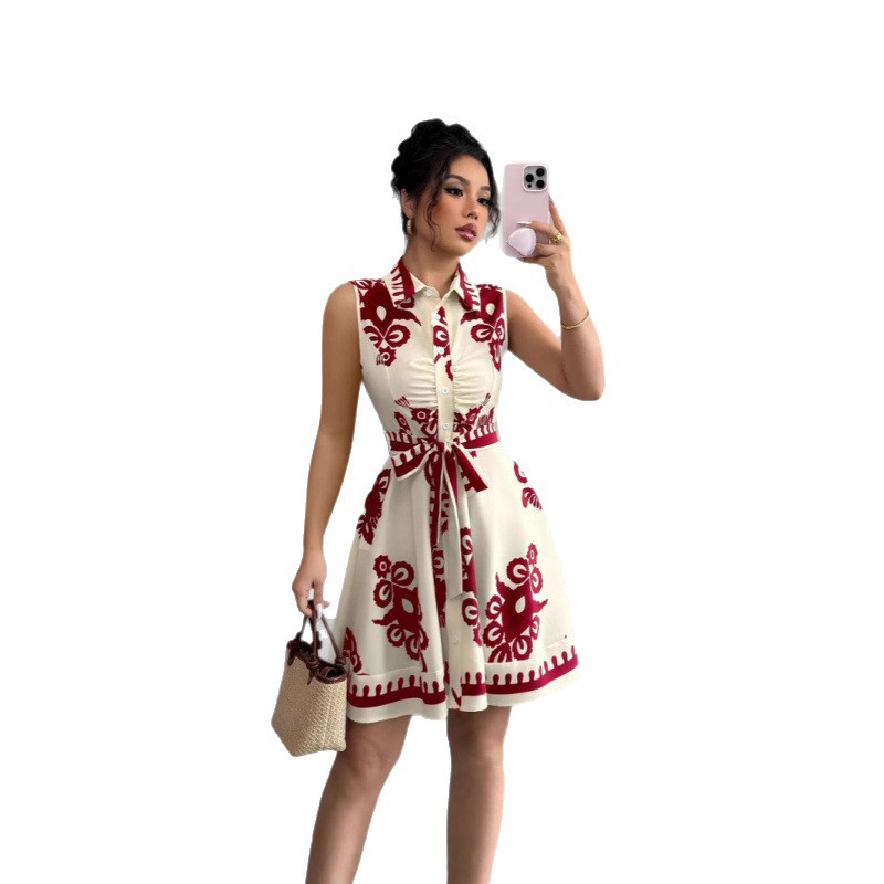 Women's Sleeveless Printed A-Line Dress with Waist Tie