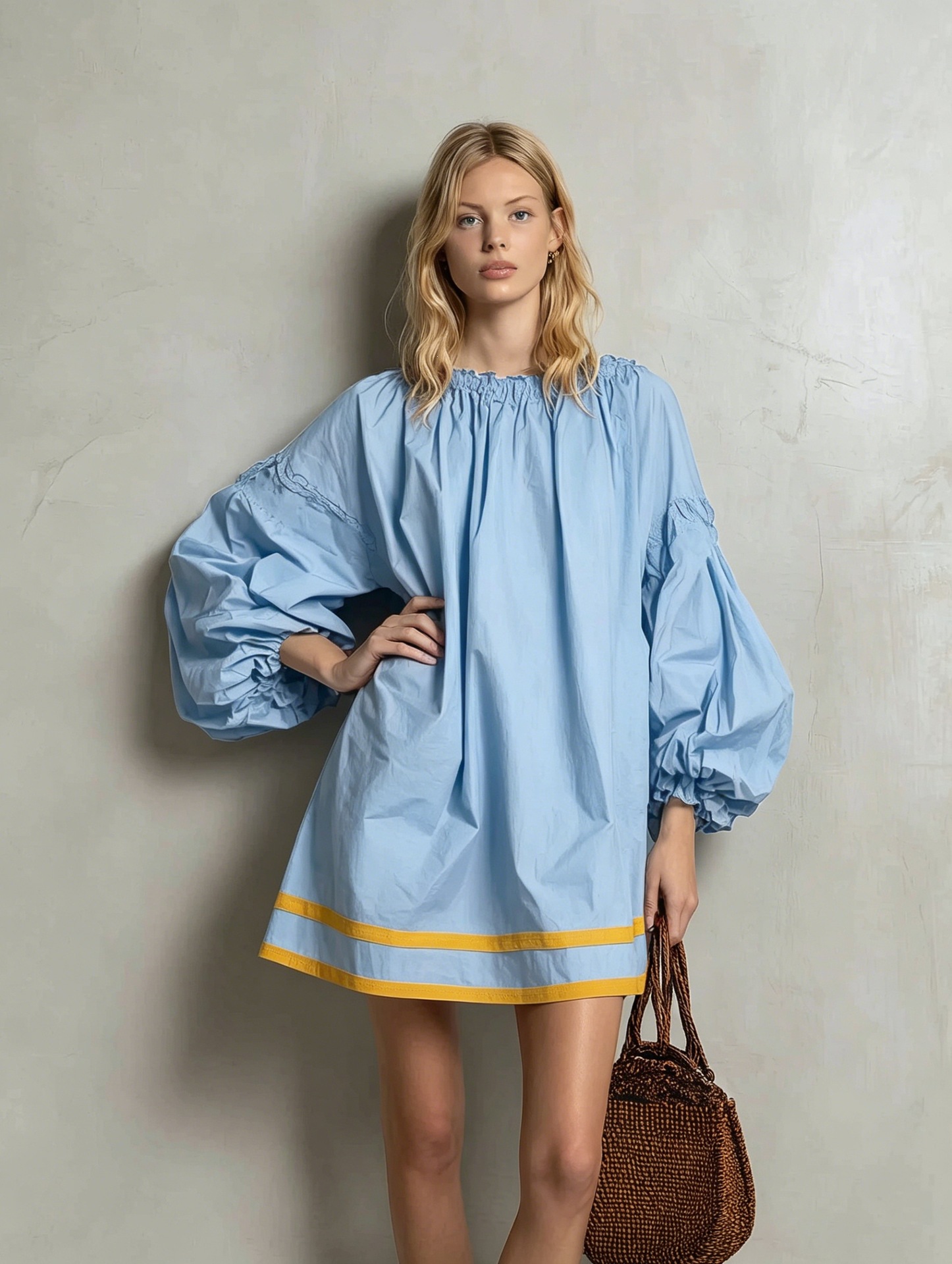 Women's Loose A-Line Dress with Round Neck, Puff Sleeves, Colorblock Patchwork, Short Babydoll Vacation Style