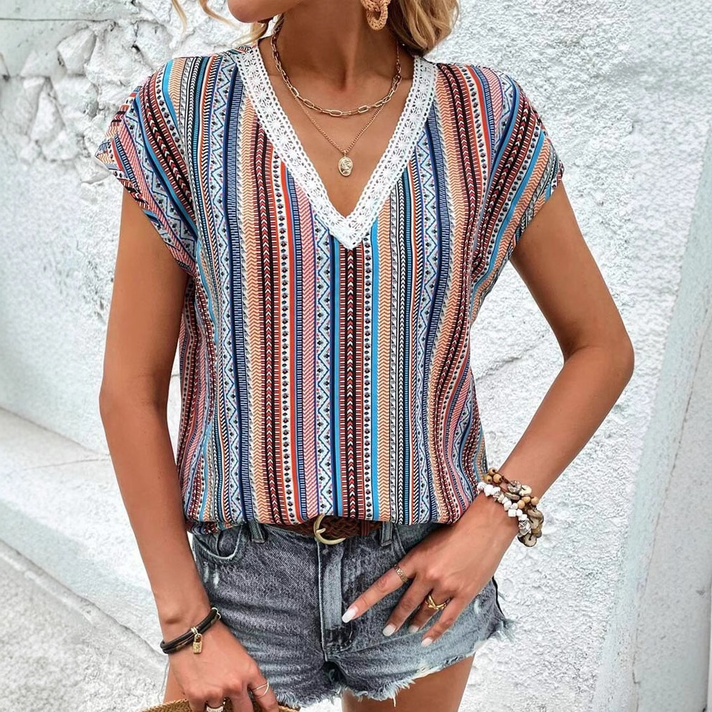 Color Lace V-Neck Short-Sleeve Casual Top