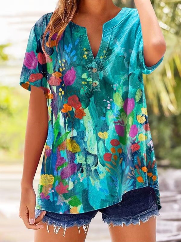 3D Print Women's Short Sleeve Two-Button Loose Casual Top