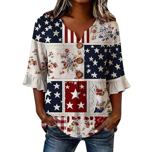 Women's American Flag Print Short Sleeve Button-Up Shirt