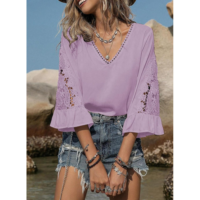 Women's V-Neck Hollow-Out Seven-Sleeve Casual Top