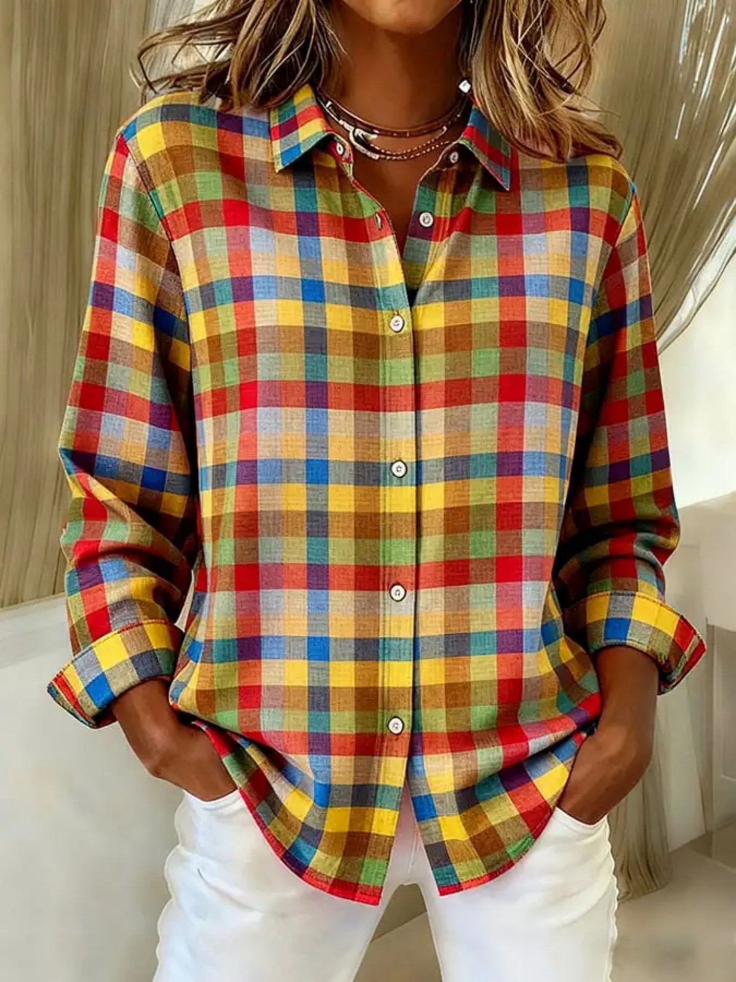 Women's Unique Plaid Print Long Sleeve Shirt