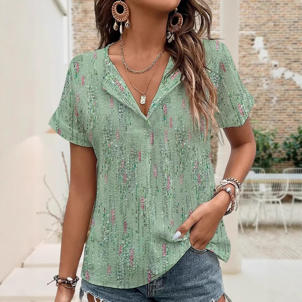 Floral Print V-Neck Short Sleeve Loose Casual Top