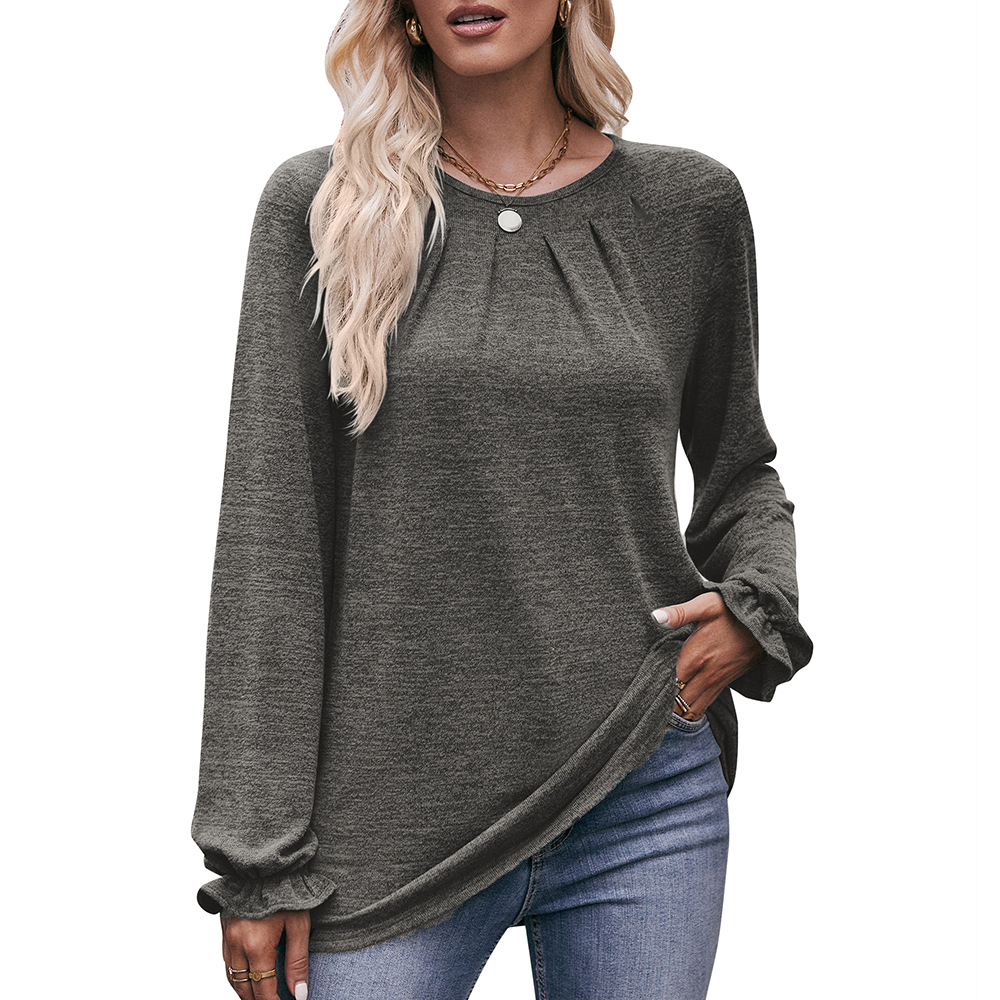 Women's Casual Crewneck Pleated Brushed Long Sleeve T-Shirt