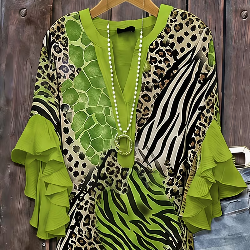 Leopard Print Rolled Sleeve Button Women's Top