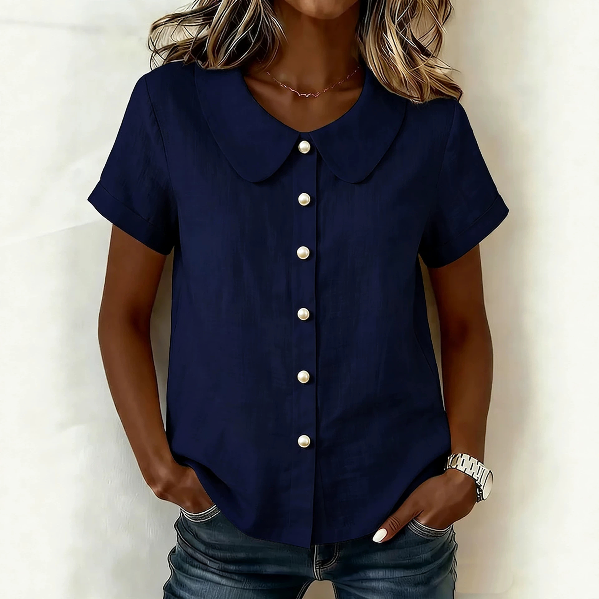 Women's Solid Short Sleeve Loose Cotton Linen Peter Pan Collar Shirt