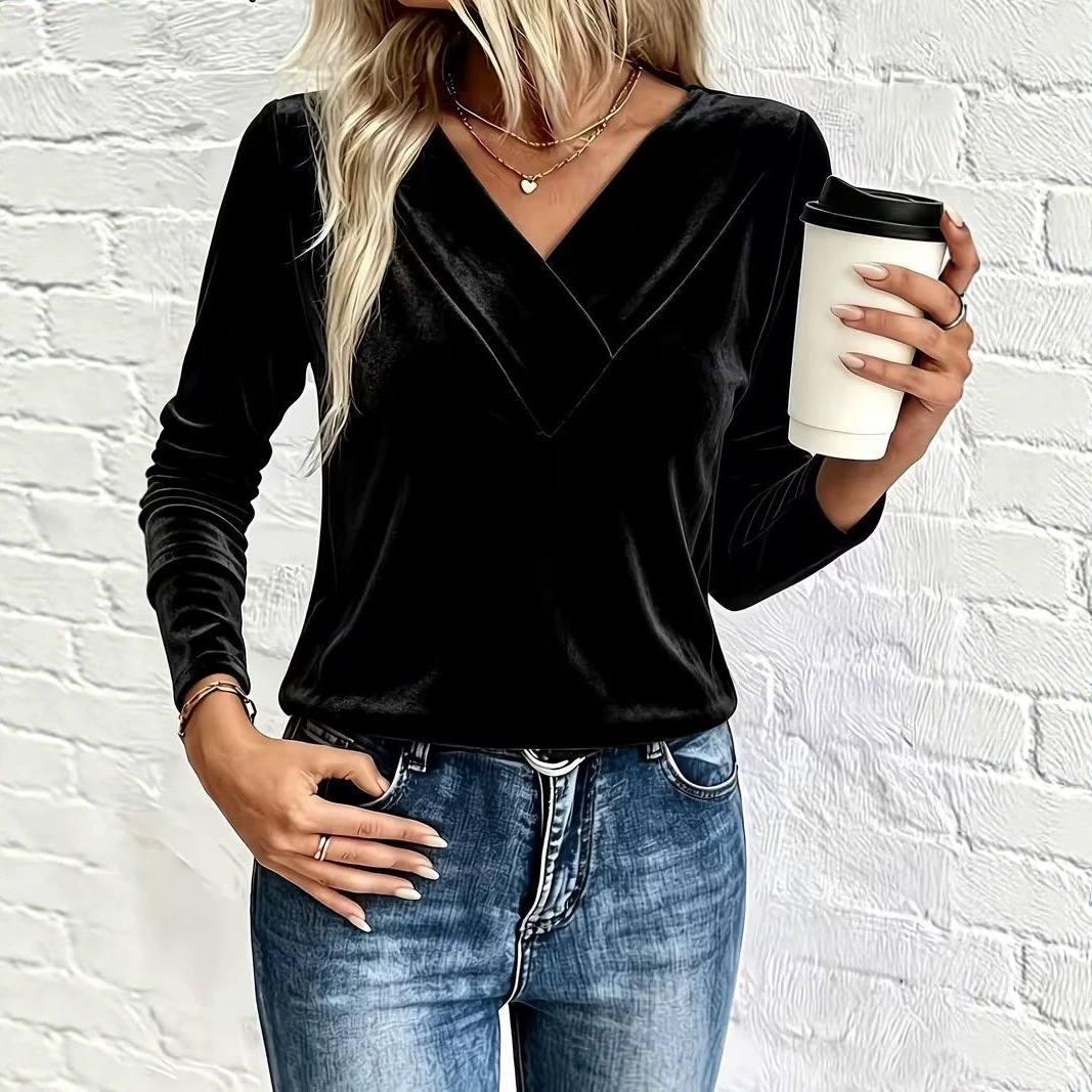 Solid Velvet V-Neck Long-Sleeve Top