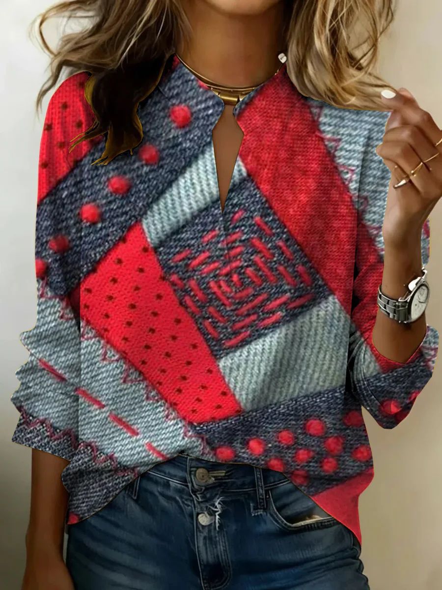 American Flag Print V-Neck Long-Sleeve T-Shirt
