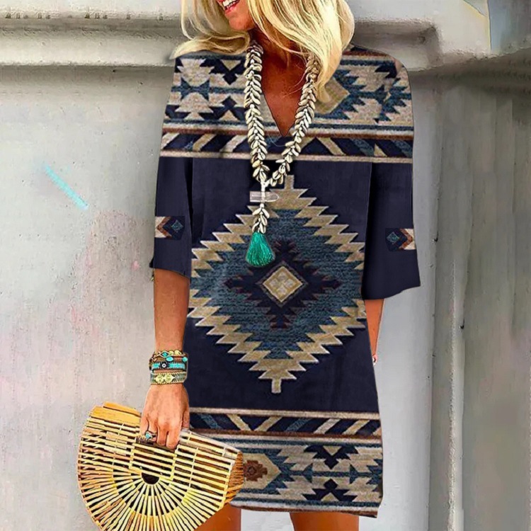 Women's Loose V-Neck Western Print Short Sleeve Dress