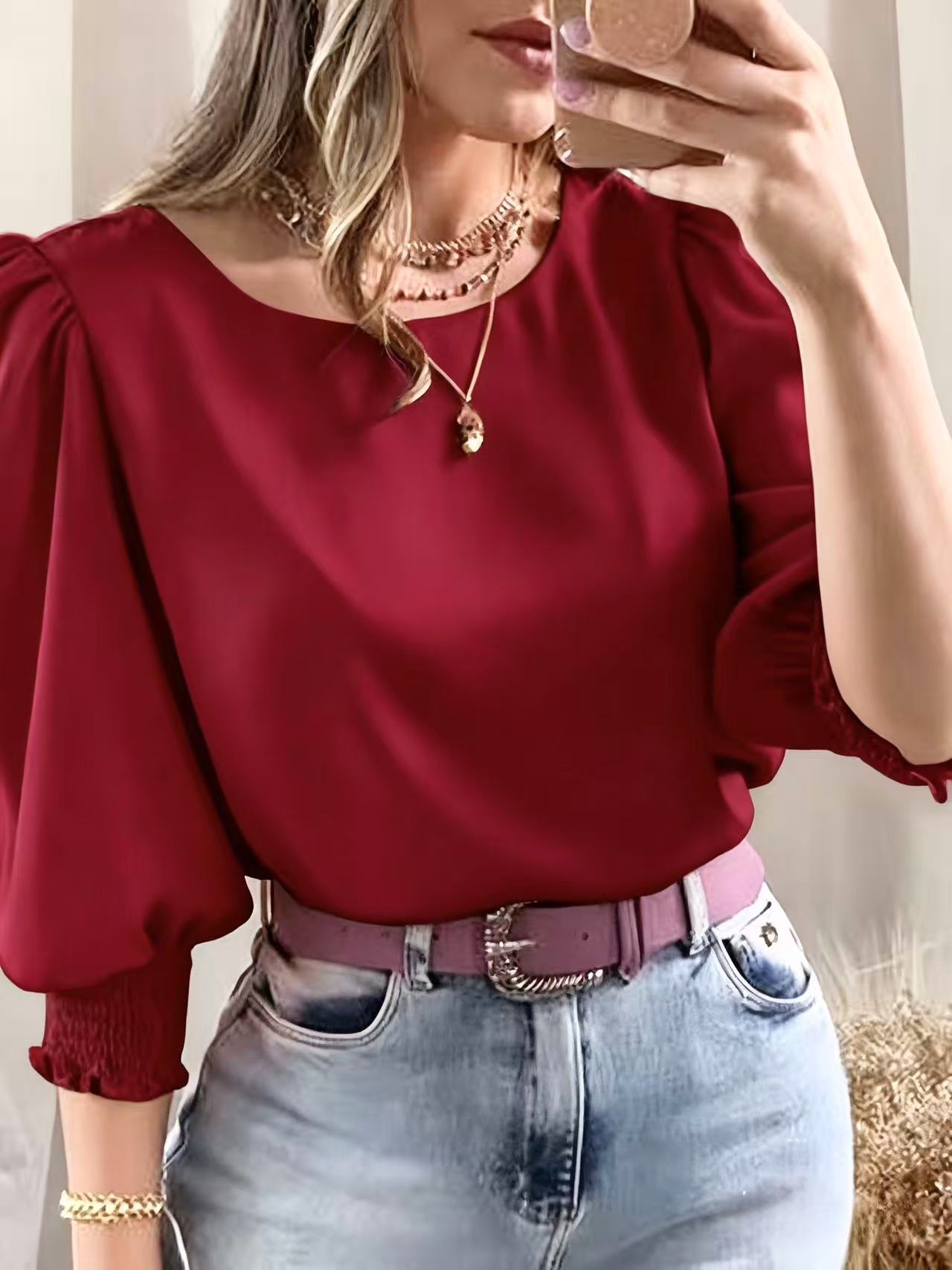 Sweet Bubble Sleeve Round Neck Solid Color Blouse