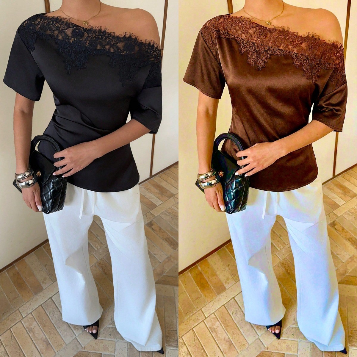 Lace-Trim Satin One-Shoulder Slim Short-Sleeve Blouse