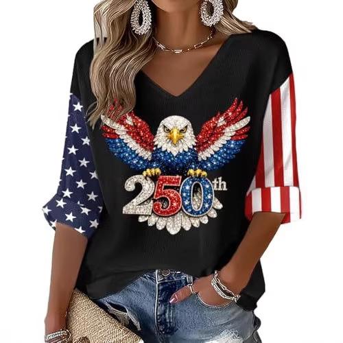 Women's V-Neck Long Sleeve Eagle Print T-Shirt