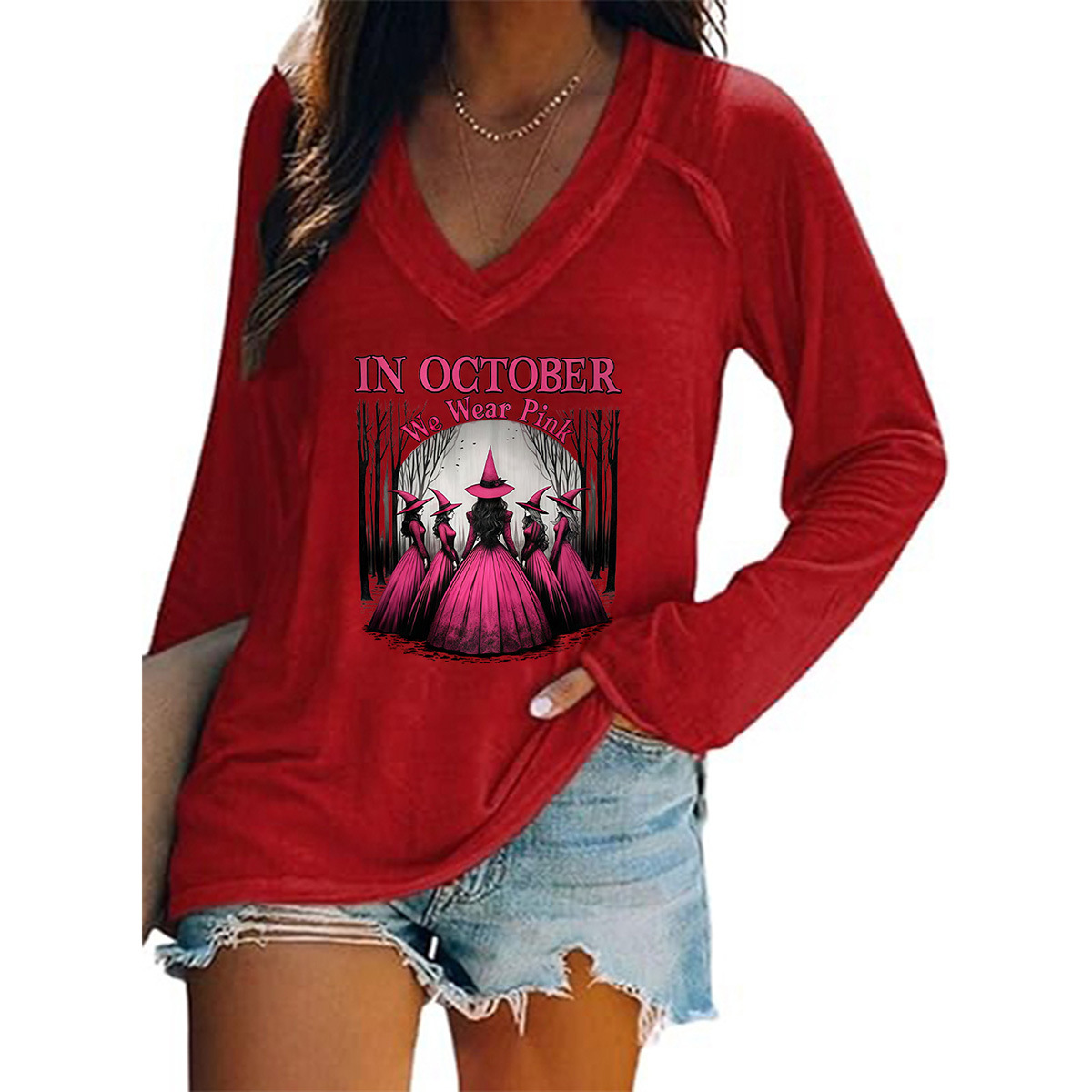 Women's Halloween Witch Hat Print V-Neck Long Sleeve T-Shirt
