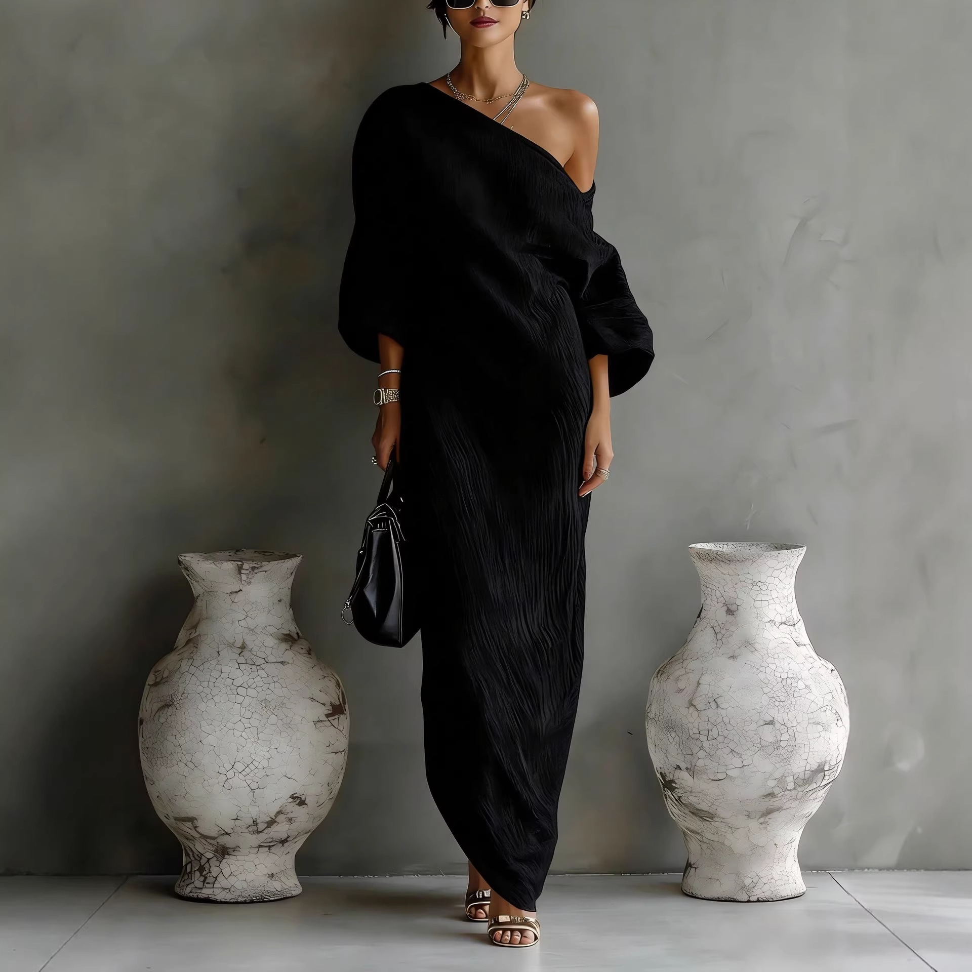 Elegant One-Shoulder Long Sleeve Maxi Dress with Asymmetrical Hem