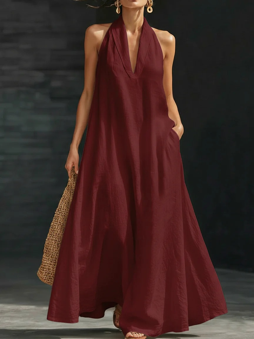 Women's Casual Solid V-Neck Long Dress