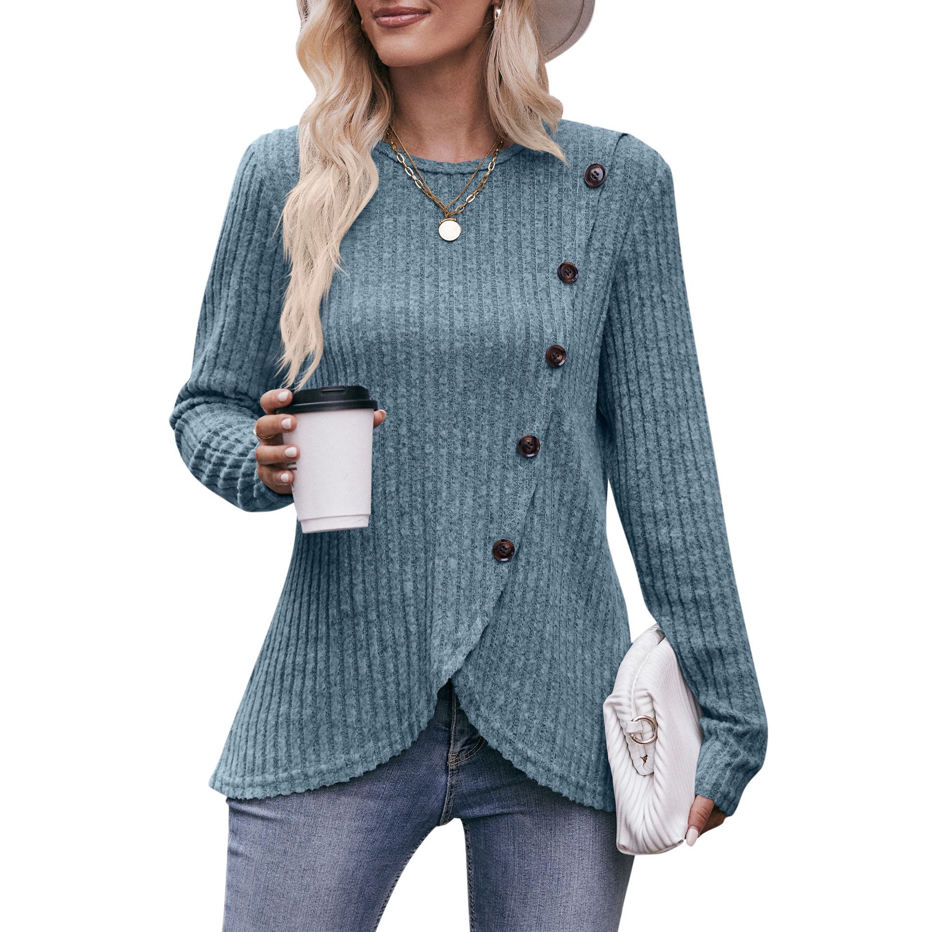 Women's Ribbed Knit Tulip Hem Button T-Shirt