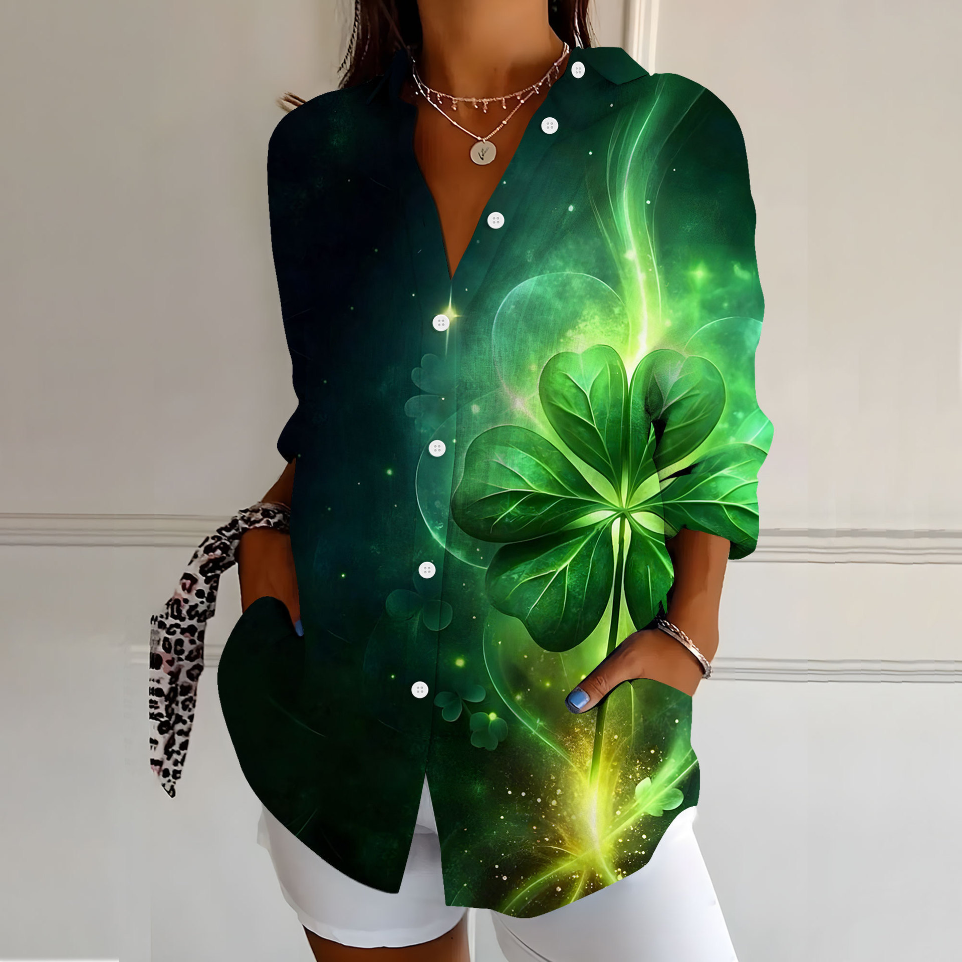 Women's Clover Rainbow Print Long Sleeve Button-Front Shirt