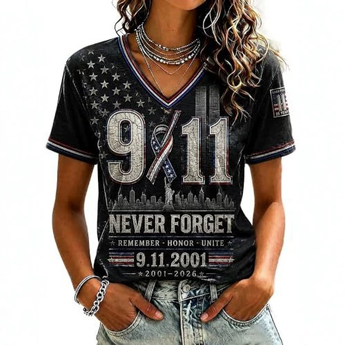 American Flag Twin Towers Print V-Neck Short Sleeve Women's T-Shirt