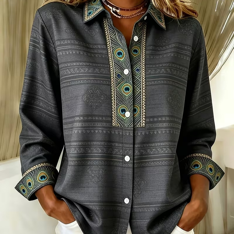 Women's Ethnic Print Long Sleeve Button-Front Shirt