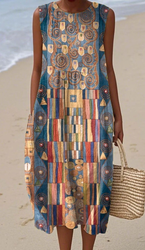 Women's Sleeveless Printed Midi Dress with Pockets Slim Fit