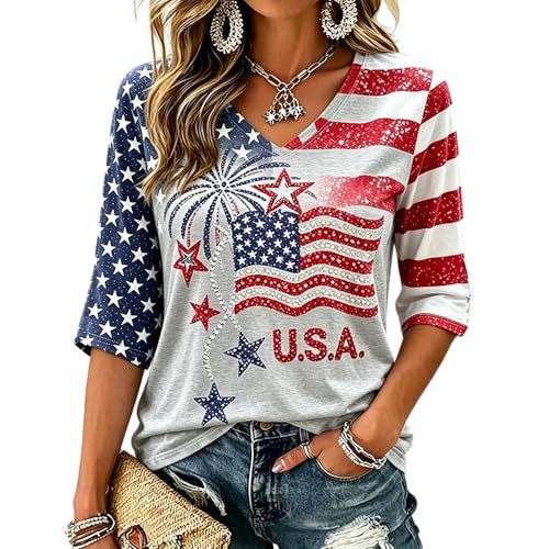 American Flag Star Print V-Neck Long Sleeve T-Shirt for Women