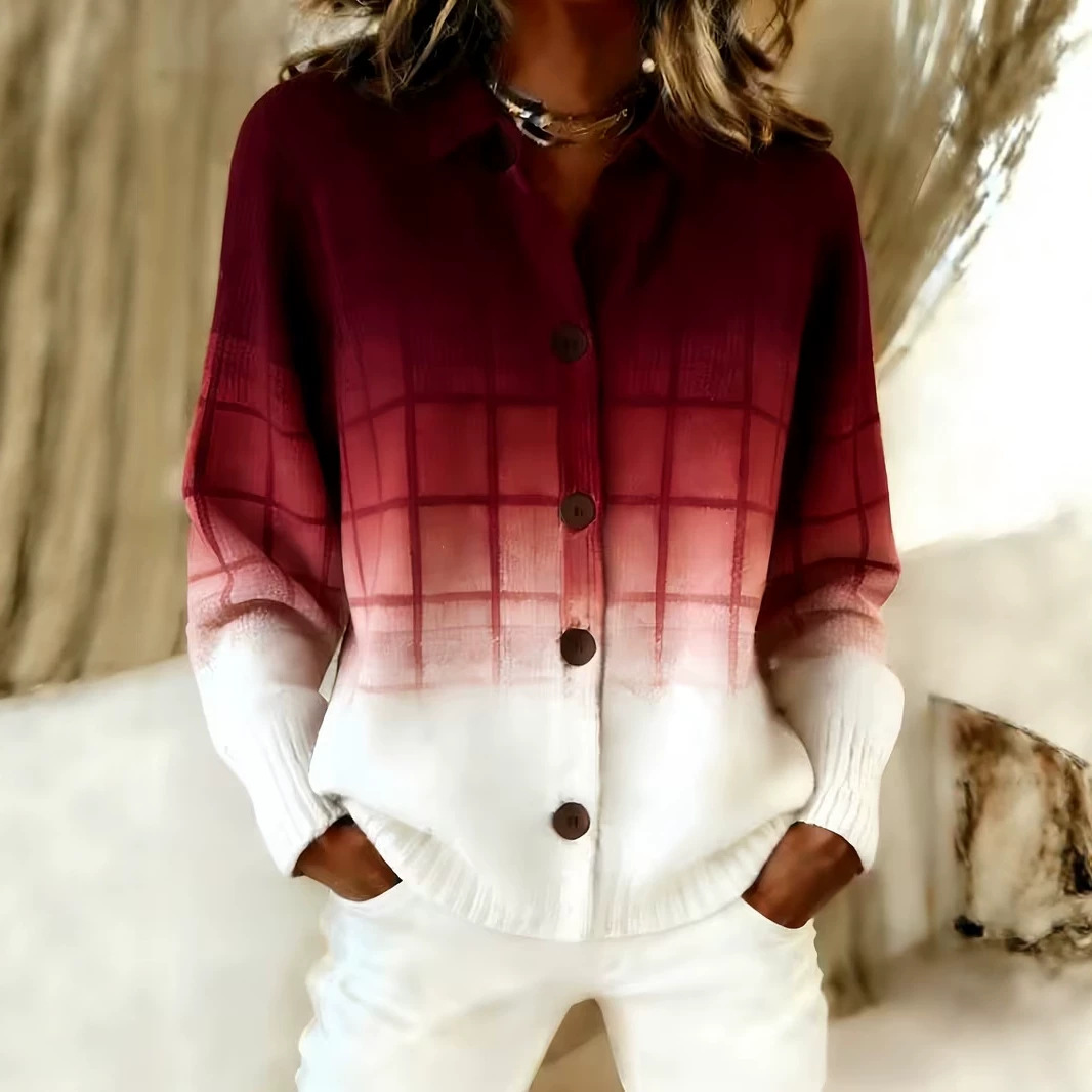 Women's Striped Plaid Color-Block Print Long-Sleeve Casual Shirt