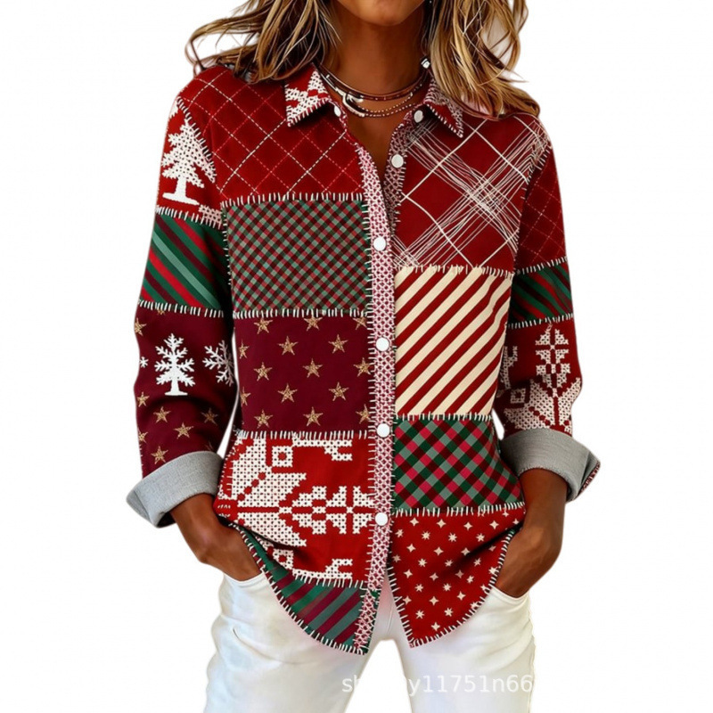 Women's Plaid Floral Print Long Sleeve Button-Up Shirt