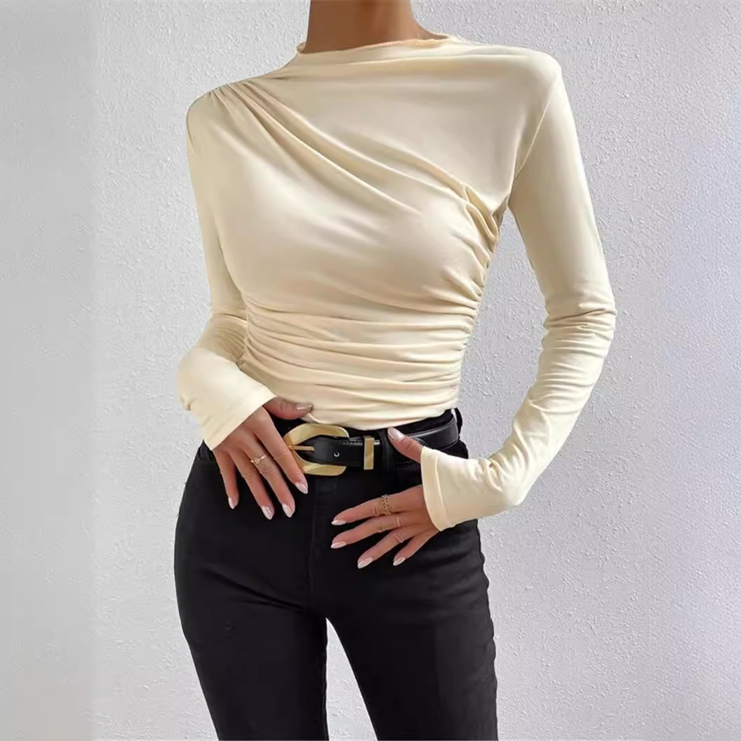Women's Solid Slim Fit Pleated Long Sleeve T-Shirt