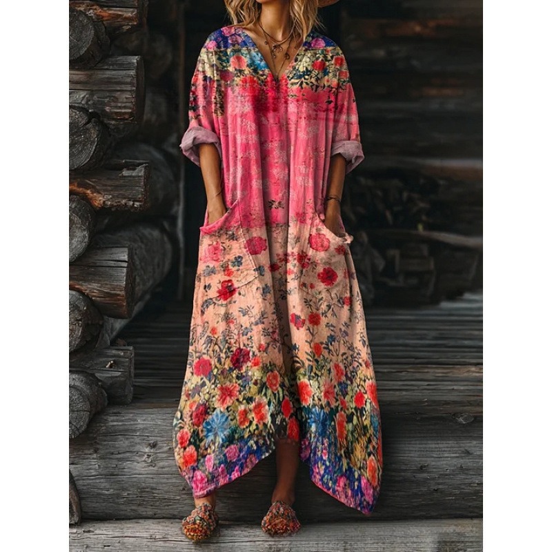Women's Floral Ripple Print V-Neck A-Line Midi Dress Long Sleeve